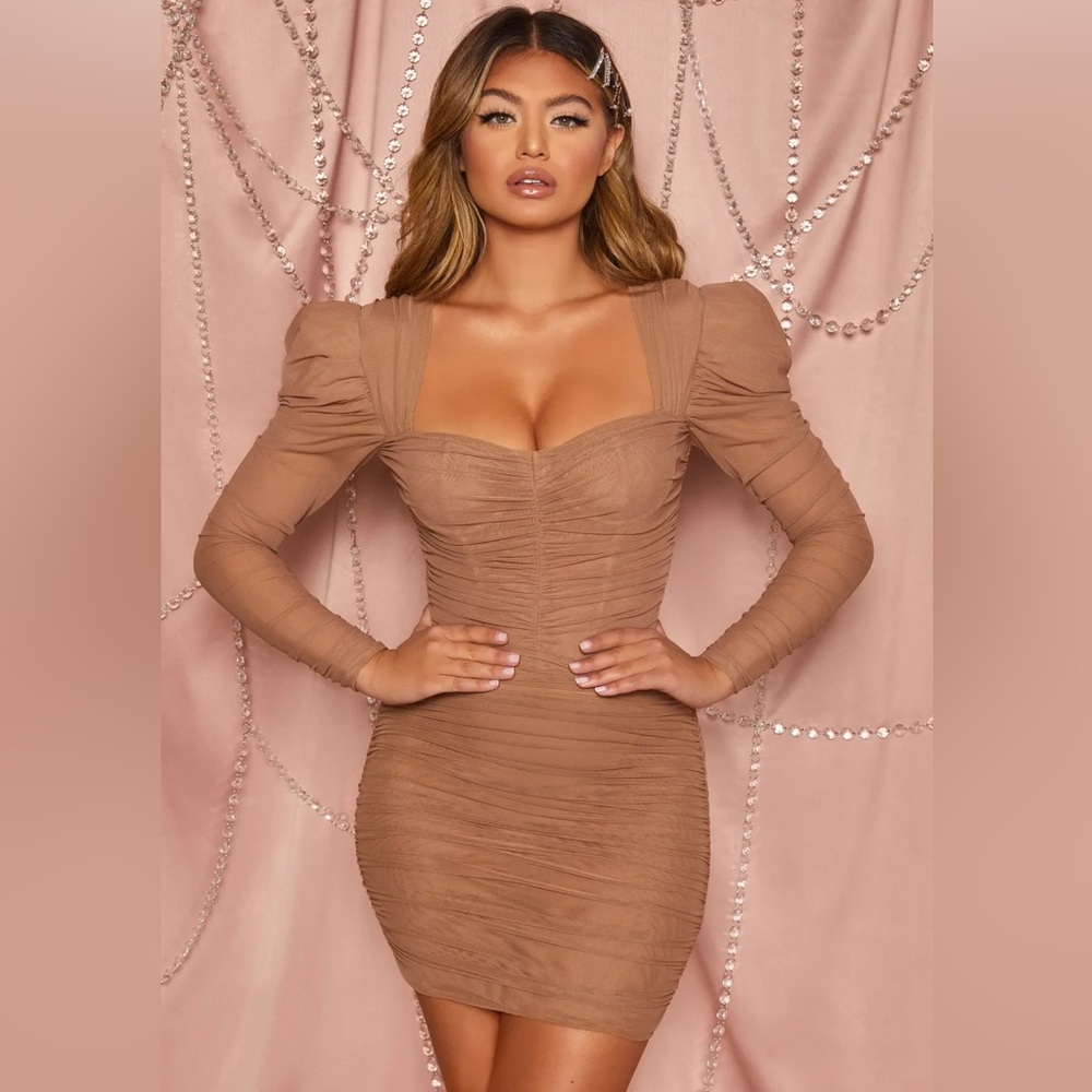 Oh Polly Taste Of Heaven Ruched Mesh Puff Sleeve Mini Dress in Tan Size 2